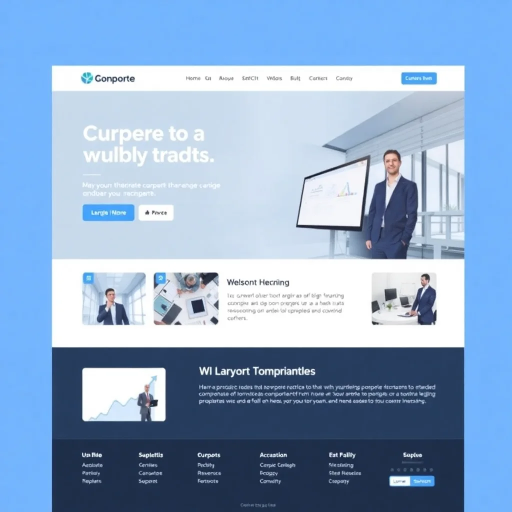 corporate business website with professional layout, blue and white color scheme, modern design