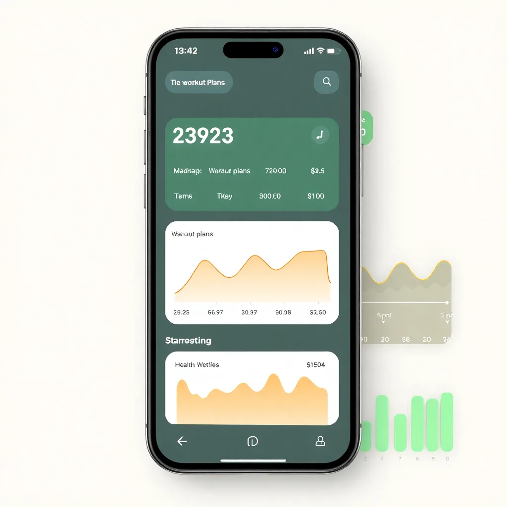 fitness tracking app interface with workout plans, progress charts, health metrics dashboard